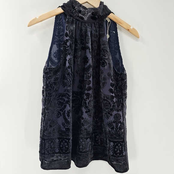 Max Studio Tops - Max Studio Midnight Blue w/ Black Velvet Devore Sleeveless Tie Neck Top XSmall